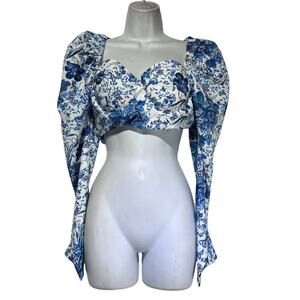 banjul blue floral crop top long sleeve Size L
